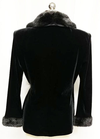 VINTAGE PATRA FAUX FUR VELVETY BLACK  EVENING JACKET WITH RHINESTONE SATIN TIES - PERFECT OVER EVENING GOWNS, COCKTAIL DRESSES OR WITH JEANS