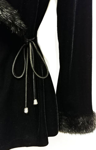 VINTAGE PATRA FAUX FUR VELVETY BLACK  EVENING JACKET WITH RHINESTONE SATIN TIES - PERFECT OVER EVENING GOWNS, COCKTAIL DRESSES OR WITH JEANS