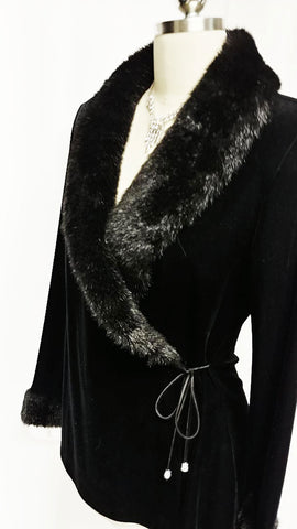 VINTAGE PATRA FAUX FUR VELVETY BLACK  EVENING JACKET WITH RHINESTONE SATIN TIES - PERFECT OVER EVENING GOWNS, COCKTAIL DRESSES OR WITH JEANS
