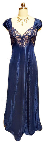 *VINTAGE SHIMMERING NAVY LACE NIGHTGOWN WITH CRISS CROSS BACK