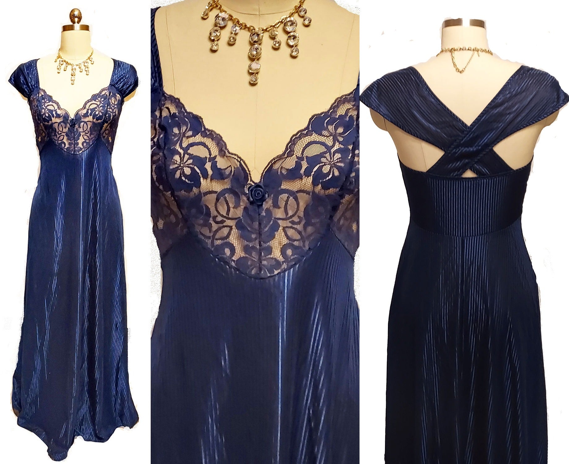 VINTAGE SHIMMERING NAVY LACE NIGHTGOWN WITH CRISS CROSS BACK Vintage Clothing & Fashions | Midnight Glamour VINTAGE SHIMMERING NAVY LACE NIGHTGOWN WITH CRISS CROSS BACK Vintage Clothing & Fashions | Midnight Glamour