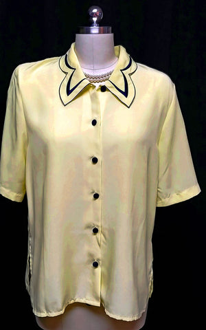 *VINTAGE PICWICK PARIS BLOUSE IN BUTTERCUP AND NAVY EMBROIDERED TRIM - LARGER SIZE