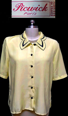 *VINTAGE PICWICK PARIS BLOUSE IN BUTTERCUP AND NAVY EMBROIDERED TRIM - LARGER SIZE