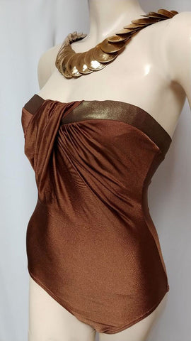 GLAMOROUS SOPHISTICATED LOOK VINTAGE PIERRE CARDIN STRAPLESS SPANDEX SWIMSUIT IN BRONZE MADE IN HONG KONG