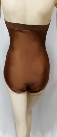 GLAMOROUS SOPHISTICATED LOOK VINTAGE PIERRE CARDIN STRAPLESS SPANDEX SWIMSUIT IN BRONZE MADE IN HONG KONG