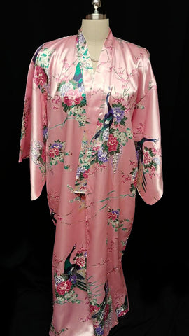 *NEW WITH TAG - VINTAGE ORIENTAL ASIAN PEACOCK & CHERRY BLOSSOMS SILKY ROSE KIMONO PEIGNOIR WITH HUGE SLEEVES FROM JAPAN