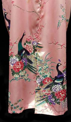 *NEW WITH TAG - VINTAGE ORIENTAL ASIAN PEACOCK & CHERRY BLOSSOMS SILKY ROSE KIMONO PEIGNOIR WITH HUGE SLEEVES FROM JAPAN
