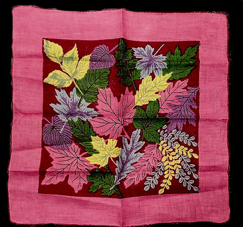 *LARGE VINTAGE COLORFUL LEAVES HANDKERCHIEF IN GORGEOUS COLORS