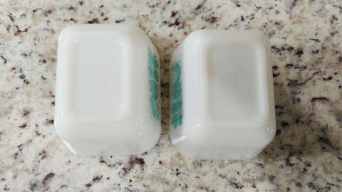*VINTAGE PYREX AMISH / BUTTERPRINT TEAL & 6-PIECE REFRIGERATOR DISH OVENWARE SET - 2 W GLASS RIBBED LIDS GLASS REFRIGERATOR DISHES STORAGE