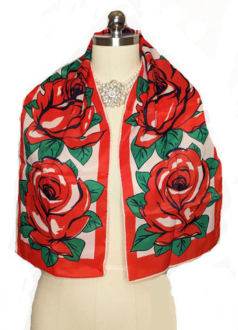 *  VINTAGE GORGEOUS RED ROSES SILK SCARF PERFECT GIFT FOR VALENTINES DAY OR ANY DAY OF THE YEAR