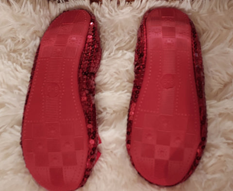 *  NEW WITH TAG SPARKLING SEQUIN & RHINESTONE BOWS BEDROOM SLIPPERS IN RUBY