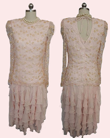 *  VINTAGE  PINK CHIFFON RUFFLE TIER DRESS WITH SPARKLING SEQUINS PEARLS