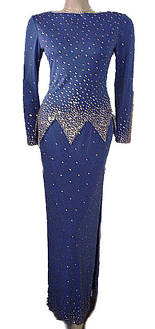 *GORGEOUS '70s / 80s ROSE TAFT COUTURE FASHIONS RHINESTONE ENCRUSTED EVENING GOWN IN "NIGHTS IN PARIS BLUE"