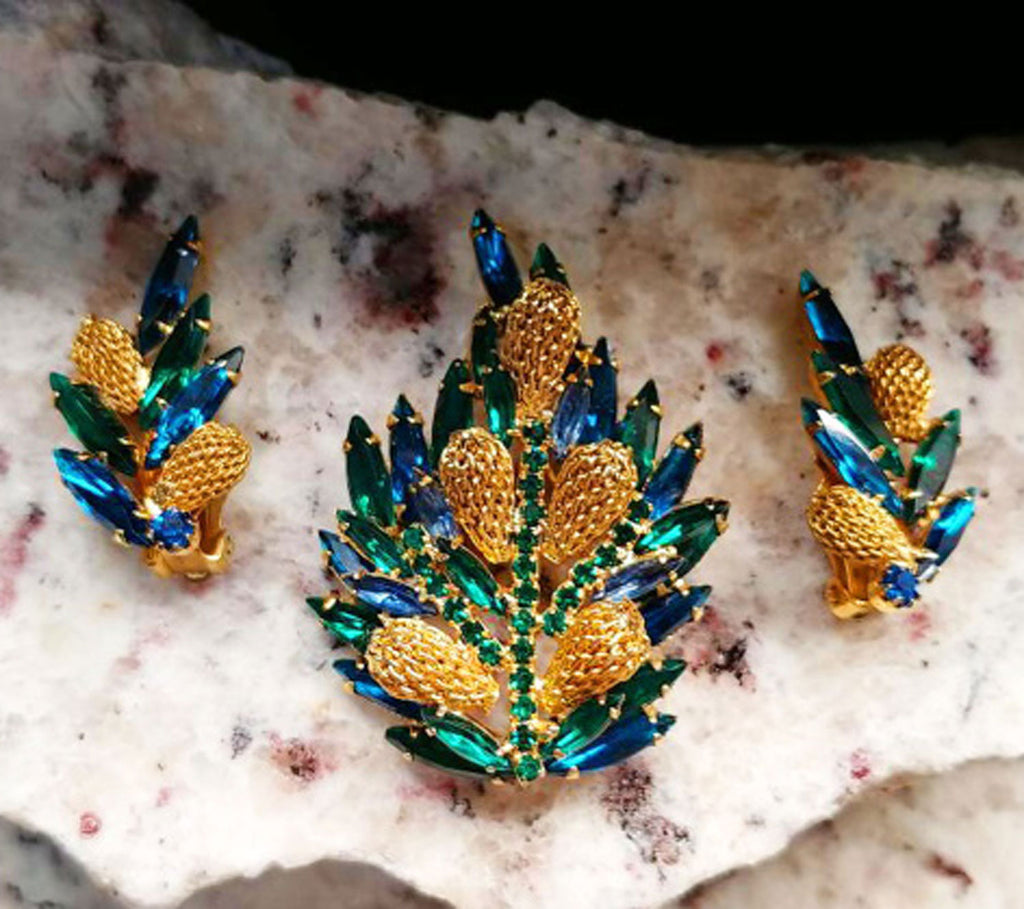 Vintage Light Blue Rhinestone Gold Leaves Sweater Cardigan Clips