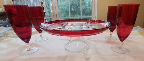RUBY SECTIONED CAKE PLATE / CANAPE APPETIZER RELISH PLATE - PERFECT FOR THE HOLIDAYS OR A FANCY TEA!