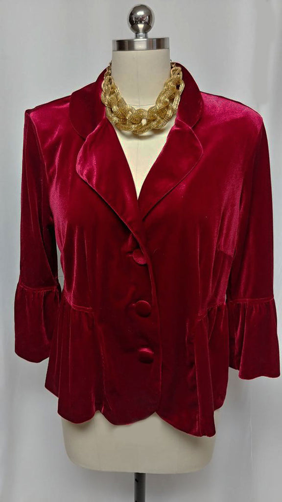 *VINTAGE VELVETY PEPLUM JACKET WITH CIRCULAR FLOUNCE SLEEVES IN RUBY - PERFECT OVER EVENING GOWNS, COCKTAIL DRESSES OR WITH JEANS