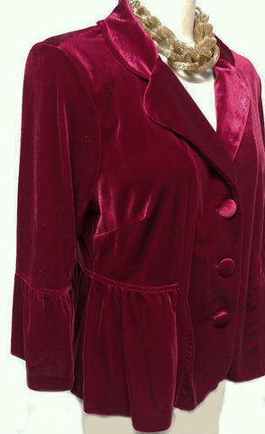 *VINTAGE VELVETY PEPLUM JACKET WITH CIRCULAR FLOUNCE SLEEVES IN RUBY - PERFECT OVER EVENING GOWNS, COCKTAIL DRESSES OR WITH JEANS