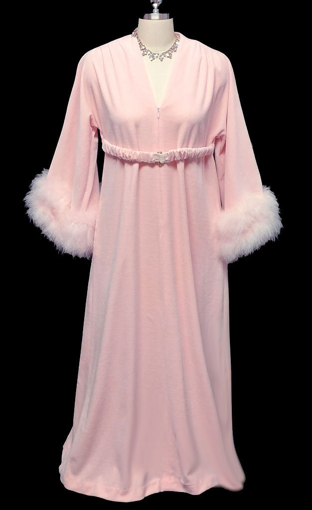 *VINTAGE SAKS FIFTH AVENUE VELOUR DRESSING GOWN ROBE ADORNED WITH FLUFFY PINK MARABOU IN CHERUB PINK - WOULD MAKE A WONDERFUL CHRISTMAS OR BIRTHDAY GIFT!