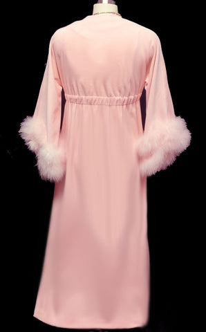 *VINTAGE SAKS FIFTH AVENUE VELOUR DRESSING GOWN ROBE ADORNED WITH FLUFFY PINK MARABOU IN CHERUB PINK - WOULD MAKE A WONDERFUL CHRISTMAS OR BIRTHDAY GIFT!