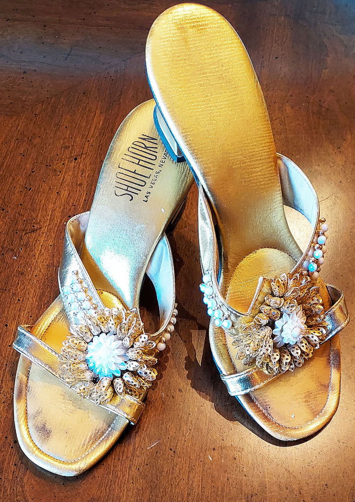 VINTAGE SHOE HORN LAS VEGAS GOLD MULES W BEADING & DECORATION SLIP ONS – Vintage Clothing & Fashions VINTAGE SHOE HORN LAS VEGAS GOLD MULES W BEADING & DECORATION SLIP ONS – Vintage Clothing & Fashions