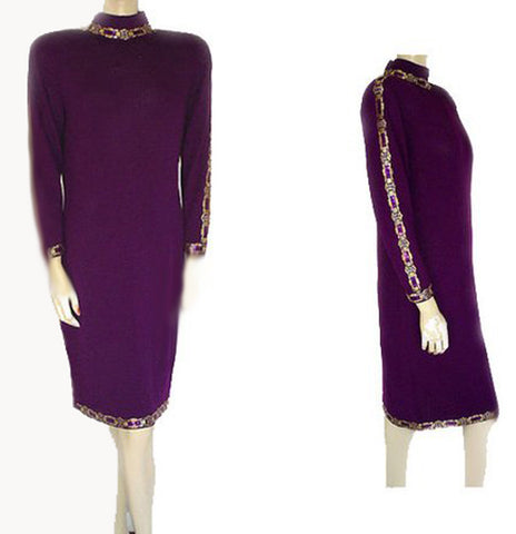 *VINTAGE ST. JOHN EVENING SANTANA KNIT ADORNED WITH SPARKLING PAILETTES AND RHINESTONES KNIT EVENING DRESS IN PLUM BEAUTIFUL