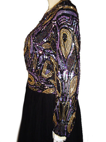 *BREATH TAKING STARLIGHT SOIREE PURPLE & GOLD BEADED & SEQUIN GRAND SWEEP EVENING GOWN - PERFECT FOR A FORMAL OCCASION & THE HOLIDAYS