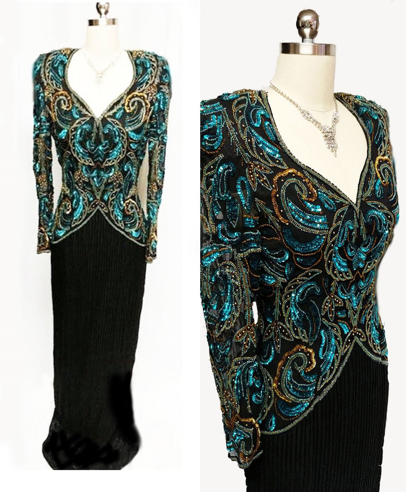 VINTAGE SCALA BLACK SILK EVENING GOWN ENCRUSTED WITH DEEP SEA BLUE & – Vintage Clothing & Fashions VINTAGE SCALA BLACK SILK EVENING GOWN ENCRUSTED WITH DEEP SEA BLUE & – Vintage Clothing & Fashions