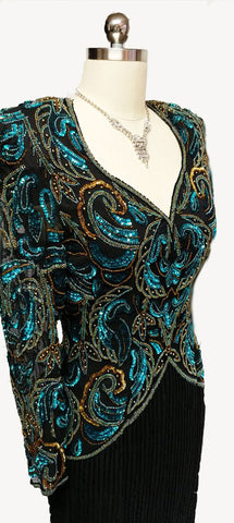*VINTAGE SCALA BLACK SILK EVENING GOWN ENCRUSTED WITH DEEP SEA BLUE & GOLD SEQUINS & BEADS - PERFECT FOR THE HOLIDAYS OR FORMAL AFFAIR.