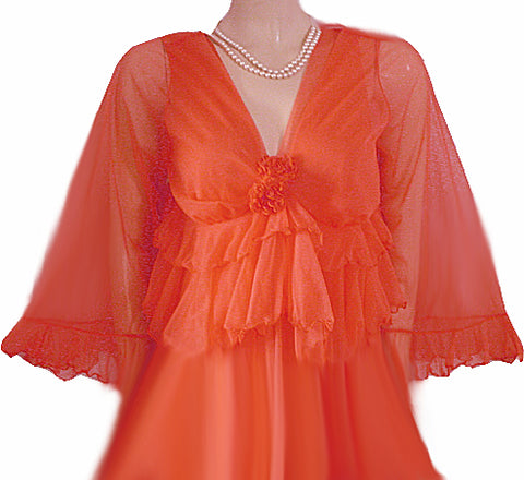 VINTAGE DOUBLE NYLON PEIGNOIR & NIGHTGOWN 19 FEET GRAND SWEEP SET ADORNED WITH FABRIC ROSES IN RARE SHADE OF TANGERINE