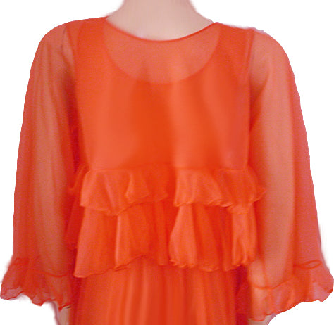 VINTAGE DOUBLE NYLON PEIGNOIR & NIGHTGOWN 19 FEET GRAND SWEEP SET ADORNED WITH FABRIC ROSES IN RARE SHADE OF TANGERINE