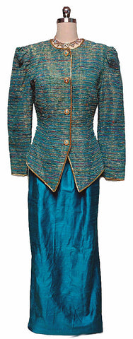 VINTAGE '80S TEAL & METALLIC GOLD SLUBBED EVENING JACKET WITH SILK DUPIONI SKIRT