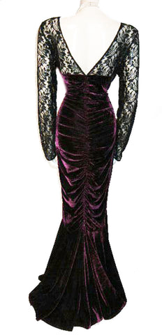 *FROM MY OWN PERSONAL COLLECTION - GLAMOROUS RUCHED BURGUNDY VELVETY & BLACK LACE ILLUSION EVENING GOWN WITH SWEETHEART NECKLINE - LARGER SIZE