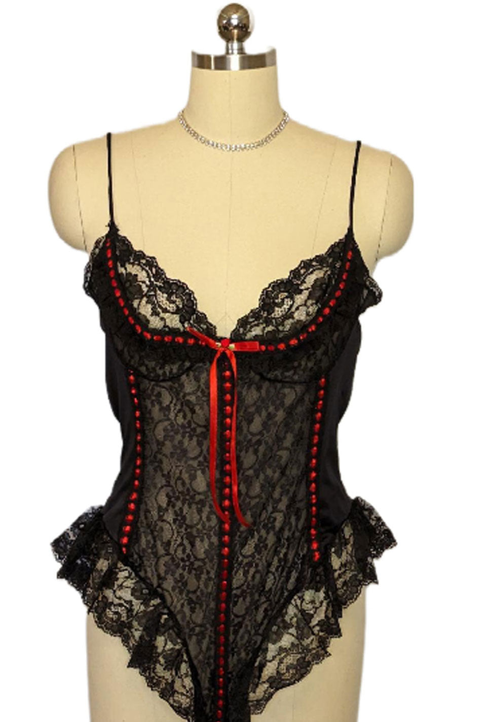 GORGEOUS VINTAGE SIZE LARGE BLACK LACE AND RED SATIN RIBBON TEDDIE