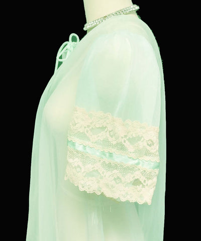 *VINTAGE TOSCA PEIGNOIR TRIMMED WITH SATIN & ECRU LACE BABY DOLL SLEEVES IN SEASPRAY - SIZE LARGE