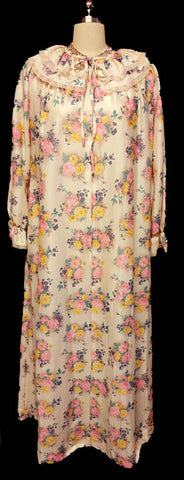 *VINTAGE VICTORIAN LOOK NEIMAN MARCUS TRAVEL-LITE BY BOUTIQUE FLORAL ZIP UP ROBE DRESSING GOWN