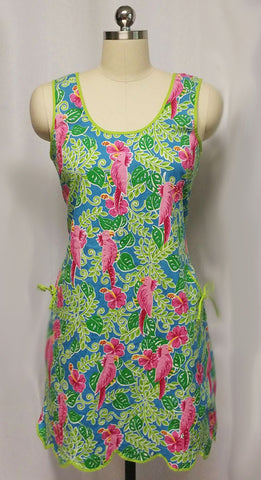*ADORABLE SUMMER COCKATOO PARROT HOT PINK & GREEN SHIFT DRESS - SIZE LARGE - PERFECT FOR SHOPPING, AT HOME OR VACATION
