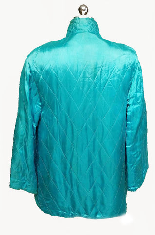 VINTAGE 50 60S ASIAN ORIENTAL TURQUOISE QUILTED JACKET WITH BEAUTIFUL FLORAL EMBROIDERY