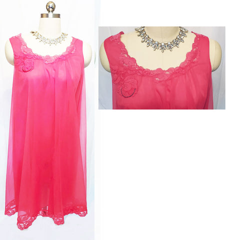 *  VINTAGE VANITY FAIR DOUBLE NYLON LACE APPLIQUE BEADED NIGHTGOWN IN RIPE RASPBERRY - EXTRA SMALL