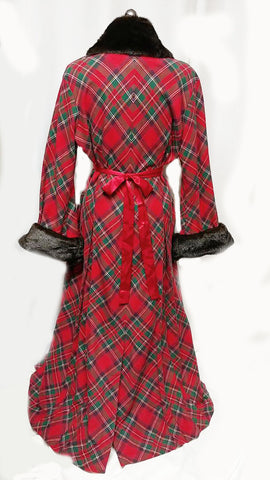 *NEW OLD STOCK WITH TAGS - GORGEOUS RED PLAID DRESSING GOWN / HOSTESS DRESS ADORNED WITH FAUX FUR COLLAR & CUFFS WITH A GRAND SWEEP - PERFECT FOR CHRISTMAS ENTERTAINING OR WHEN OPENING PRESENTS