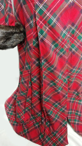 *NEW OLD STOCK WITH TAGS - GORGEOUS RED PLAID DRESSING GOWN / HOSTESS DRESS ADORNED WITH FAUX FUR COLLAR & CUFFS WITH A GRAND SWEEP - PERFECT FOR CHRISTMAS ENTERTAINING OR WHEN OPENING PRESENTS