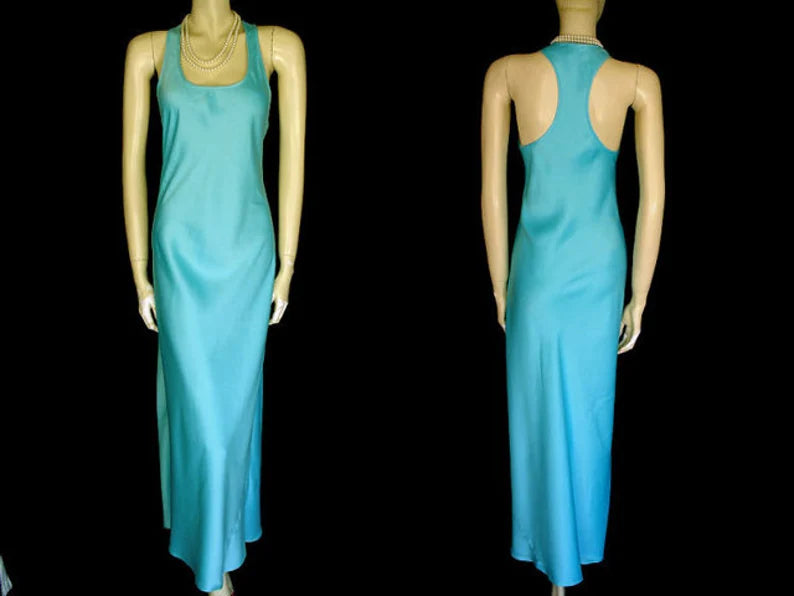 *VINTAGE VICTORIA'S SECRET COLLECTION SATINY TURQUOISE NIGHTGOWN WITH CUT OUT BACK IN DESERT TURQUOISE