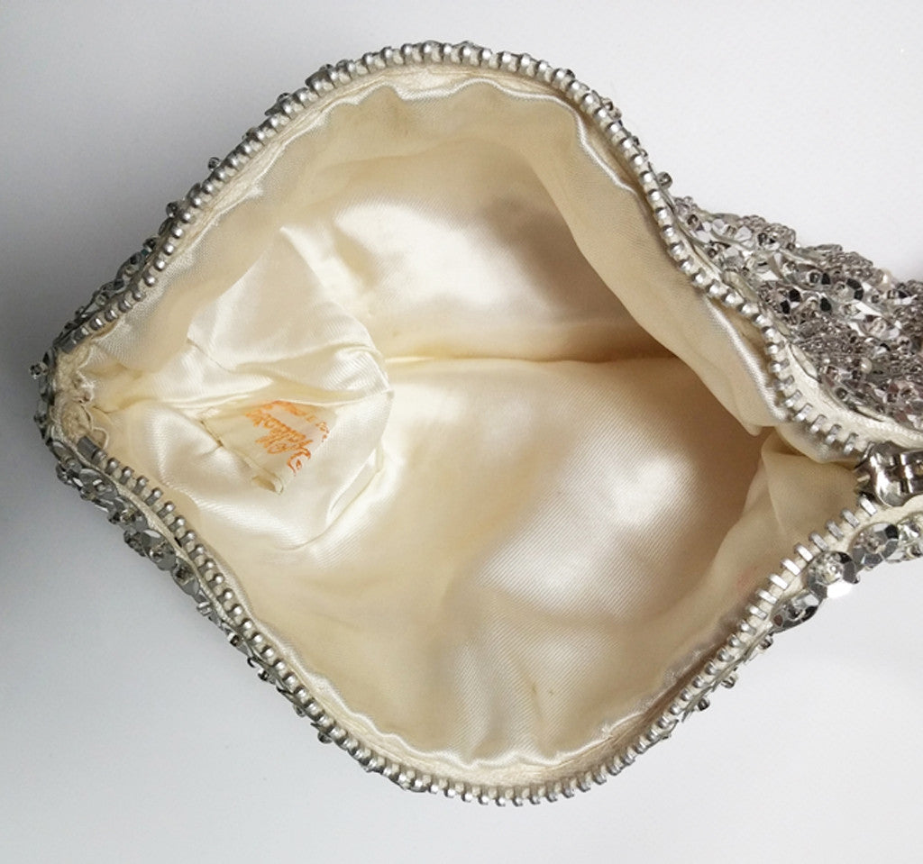 Circa 1950s Hong Kong Made Sequin Beaded White Purse/Handbag - D & L Vintage