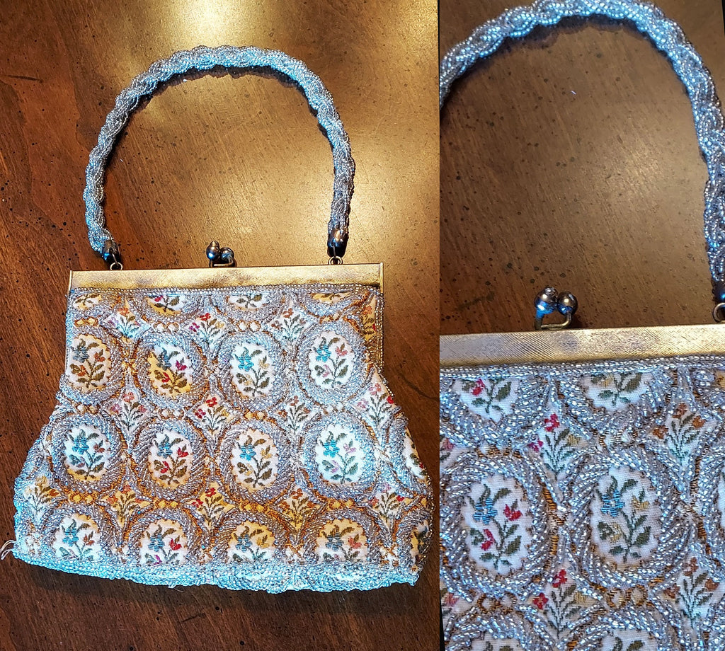 *  VINTAGE WALBORG SILVER BEAD EMBROIDERED EVENING PURSE WITH TWISTED SILVER BEAD HANDLE - MADE IN HONG KONG