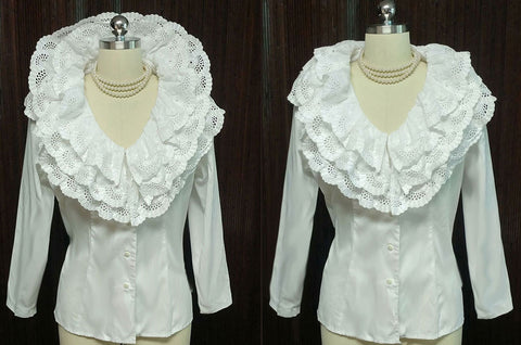 *VINTAGE VERY FEMININE 3 TIER EMBROIDERED SCALLOPED EYELET COLLAR BLOUSE