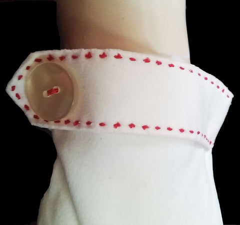 *VINTAGE '50s / '60s WHITE COTTON GLOVES WITH RED TOP STITCHING & BUTTON ACCENT