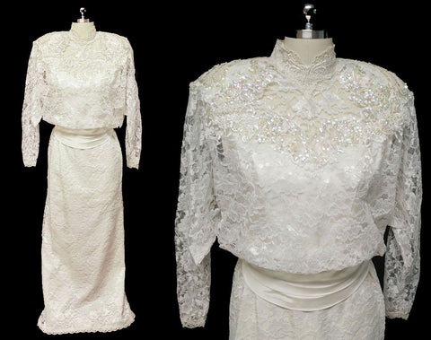 *GLAMOROUS VINTAGE '70s / '80s ALFRED ANGELO LACE SEQUINS, PEARLS & APPLIQUES WEDDING GOWN