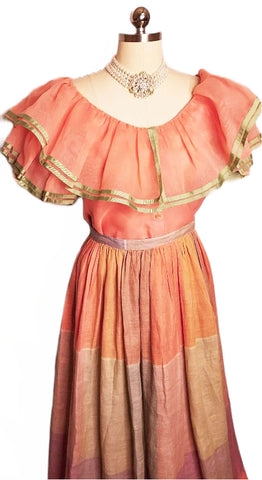 *  VINTAGE WILLIAM PEARSON PEACH ORGANZA BLOUSE AND PLAID SKIRT ENSEMBLE - PERFECT FOR SPRING AND SUMMER EVENTS