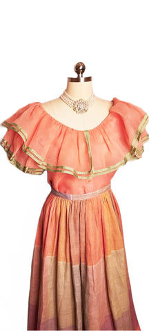 *  VINTAGE WILLIAM PEARSON PEACH ORGANZA BLOUSE AND PLAID SKIRT ENSEMBLE - PERFECT FOR SPRING AND SUMMER EVENTS