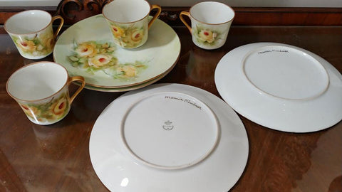 *VINTAGE BAVARIA, GERMANY HAND PAINTED YELLOW ROSES LUNCHEON PLATES & CUPS / SNACK PLATES