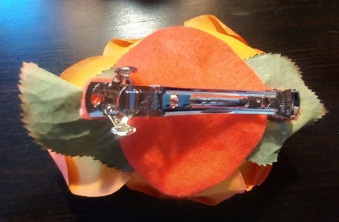 VINTAGE HUGE PEACH & YELLOW RIO SAMBA LOOK ARTIFICIAL ROSE - DRESS OR HAT ACCESSORY OR HAIR CLIP
